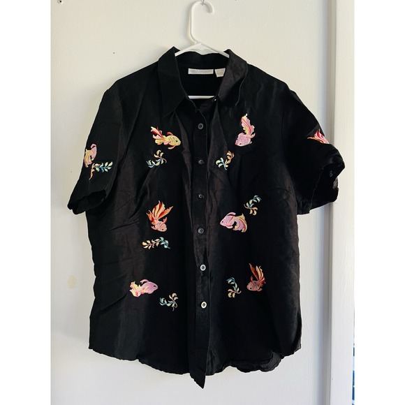 Sarah Spencer Tops - Sarah Spencer Black Linen Blouse Women's 16 Embroidered Artsy Goldfish Colorful